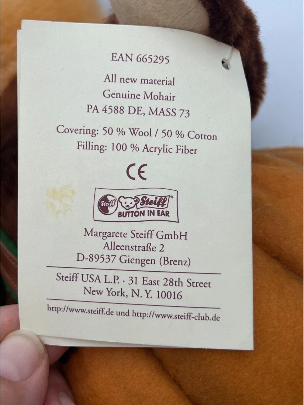 Vintage 1997 The Four Seasons Steiff Pumpkin Patch Bear #1387 of 5000 12.5”